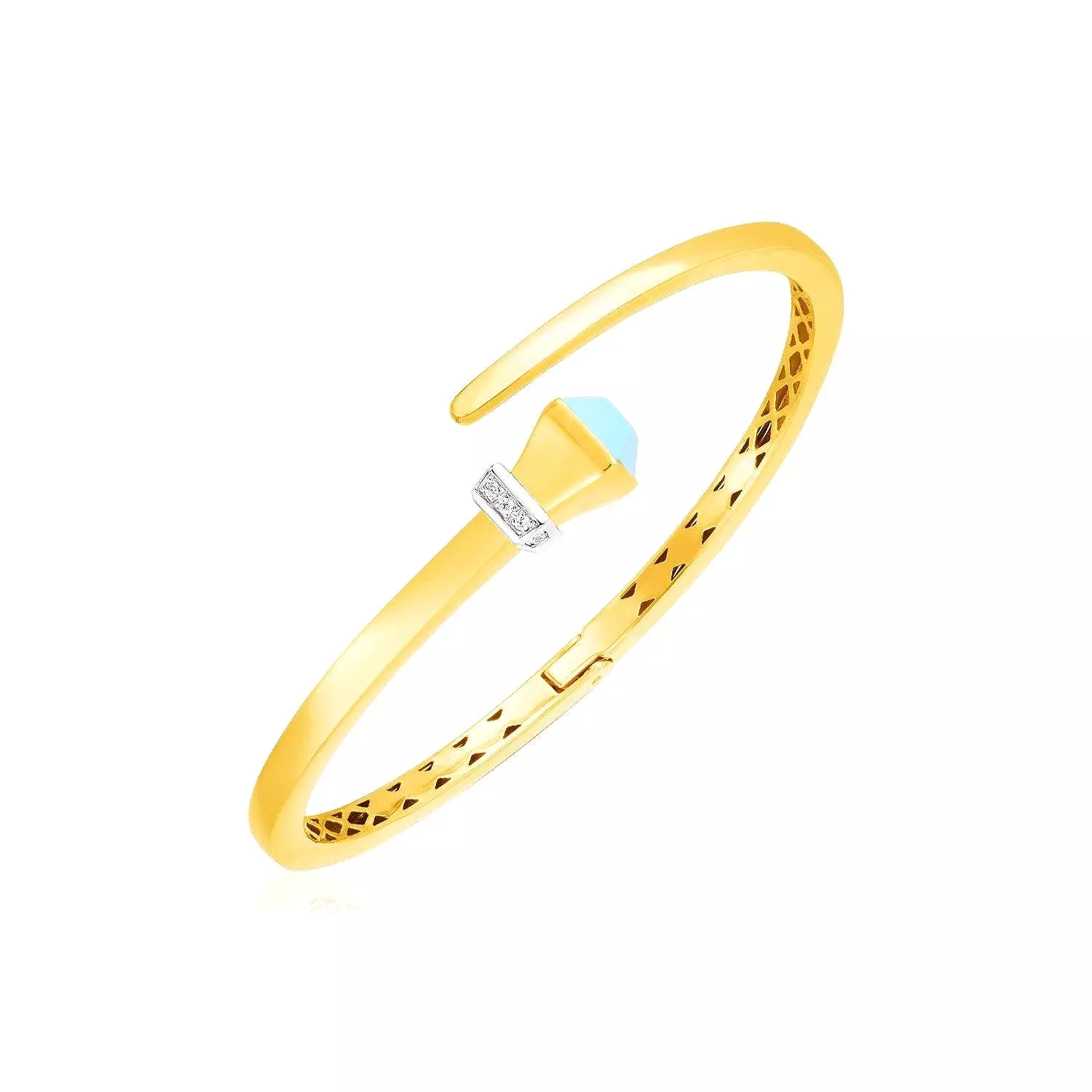 14k Yellow Gold Crossover Style Hinged Bangle Turquoise and Diamonds