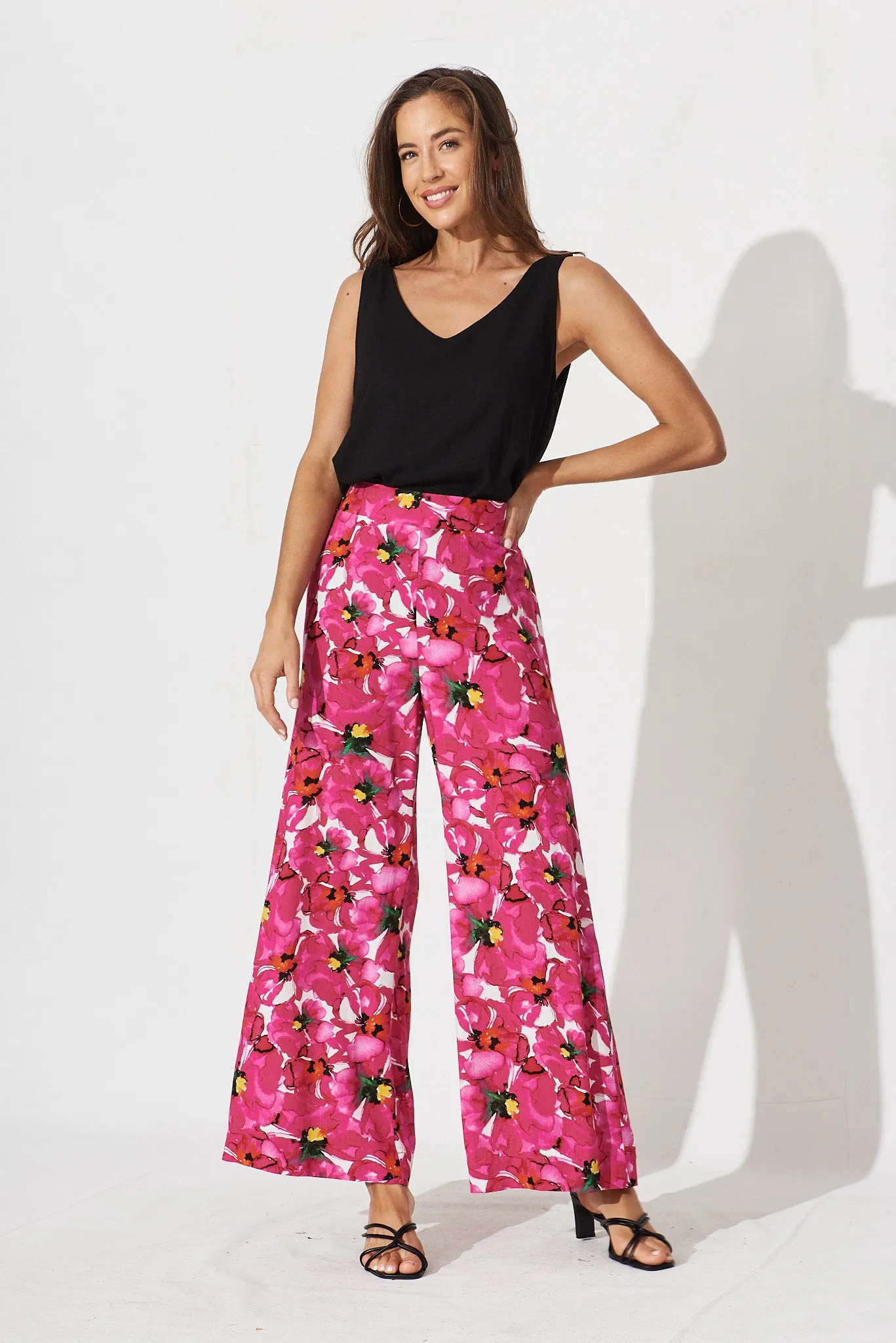 Amalia Pants In White With Fuchsia Floral