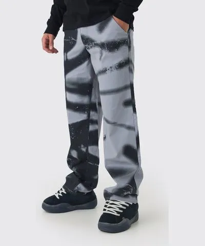 boohooMAN Mens Fixed Waist Relaxed Twill Graffiti Printed Pants