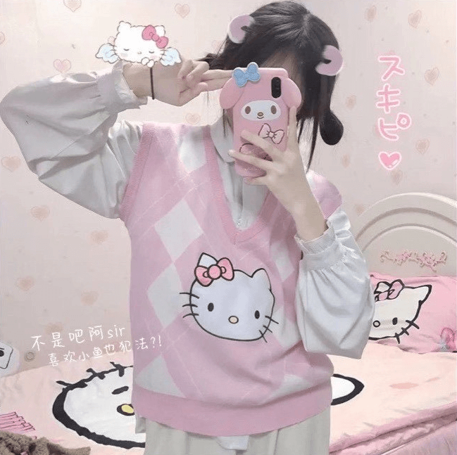 CUTE “HELLO KITTY PASTEL PINK KNIT VEST BY9001