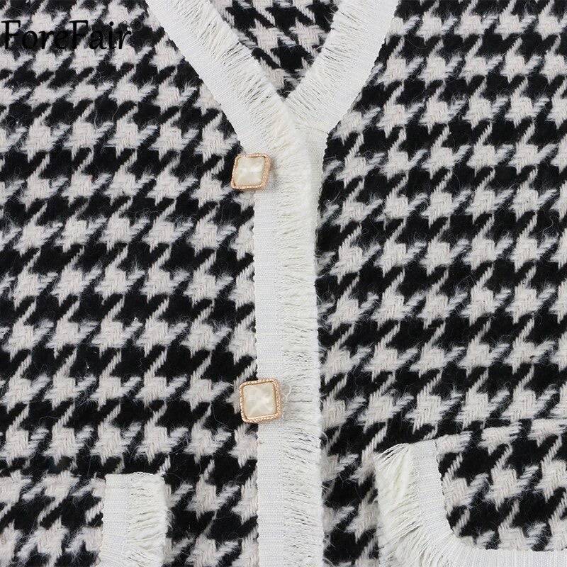 Fringed Houndstooth Pattern Knit Long Vest