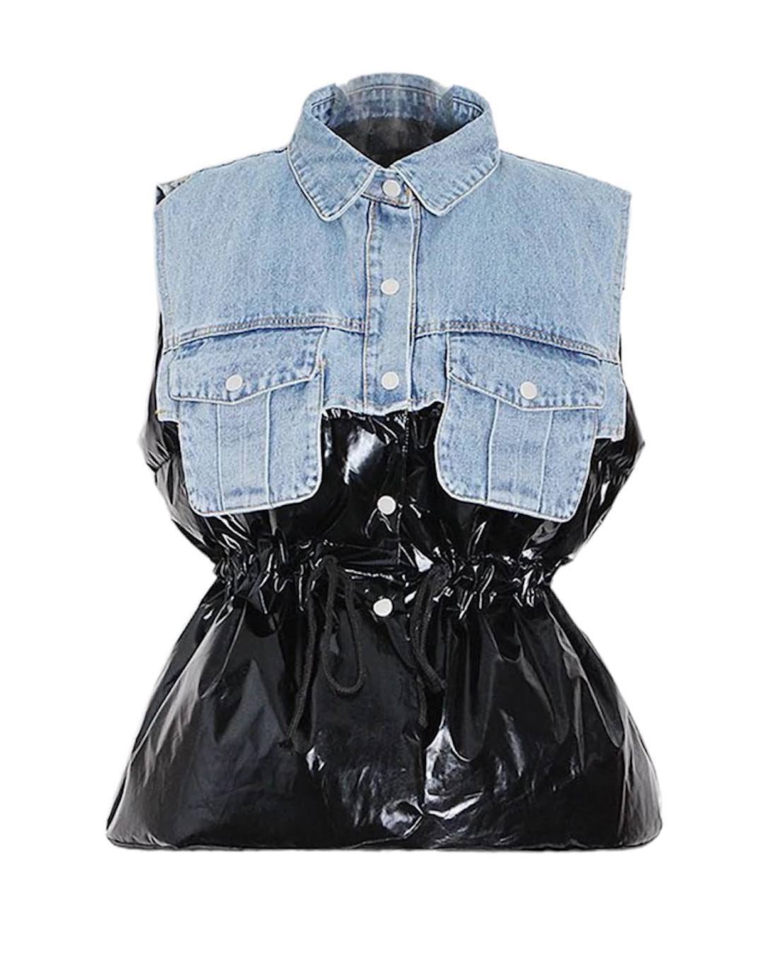 Half Denim Half Metallic Puff Vest