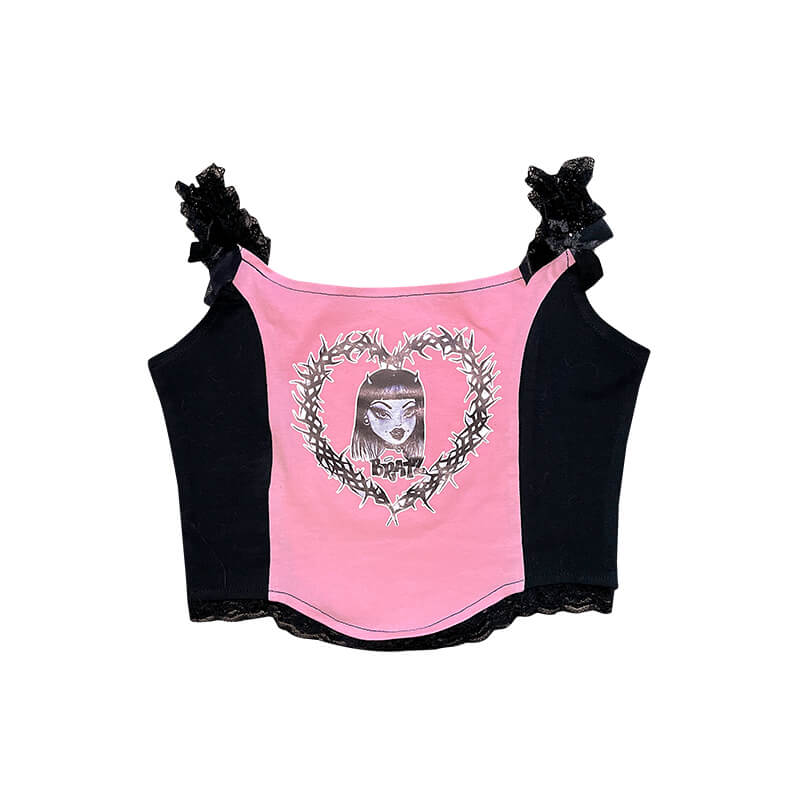 Harajuku cartoon printed lace punk vest by0141