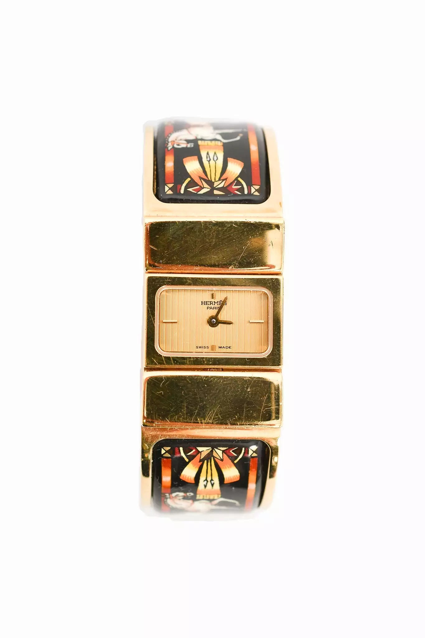 Hermes Gold Plated/Black Horse Enamel 'Loquet' Bangle Watch