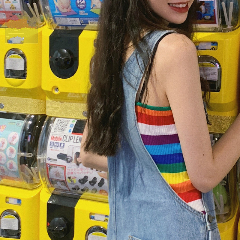 KOREAN RAINBOW STRIPE VEST+ DENIM OVERALLS  BY63103