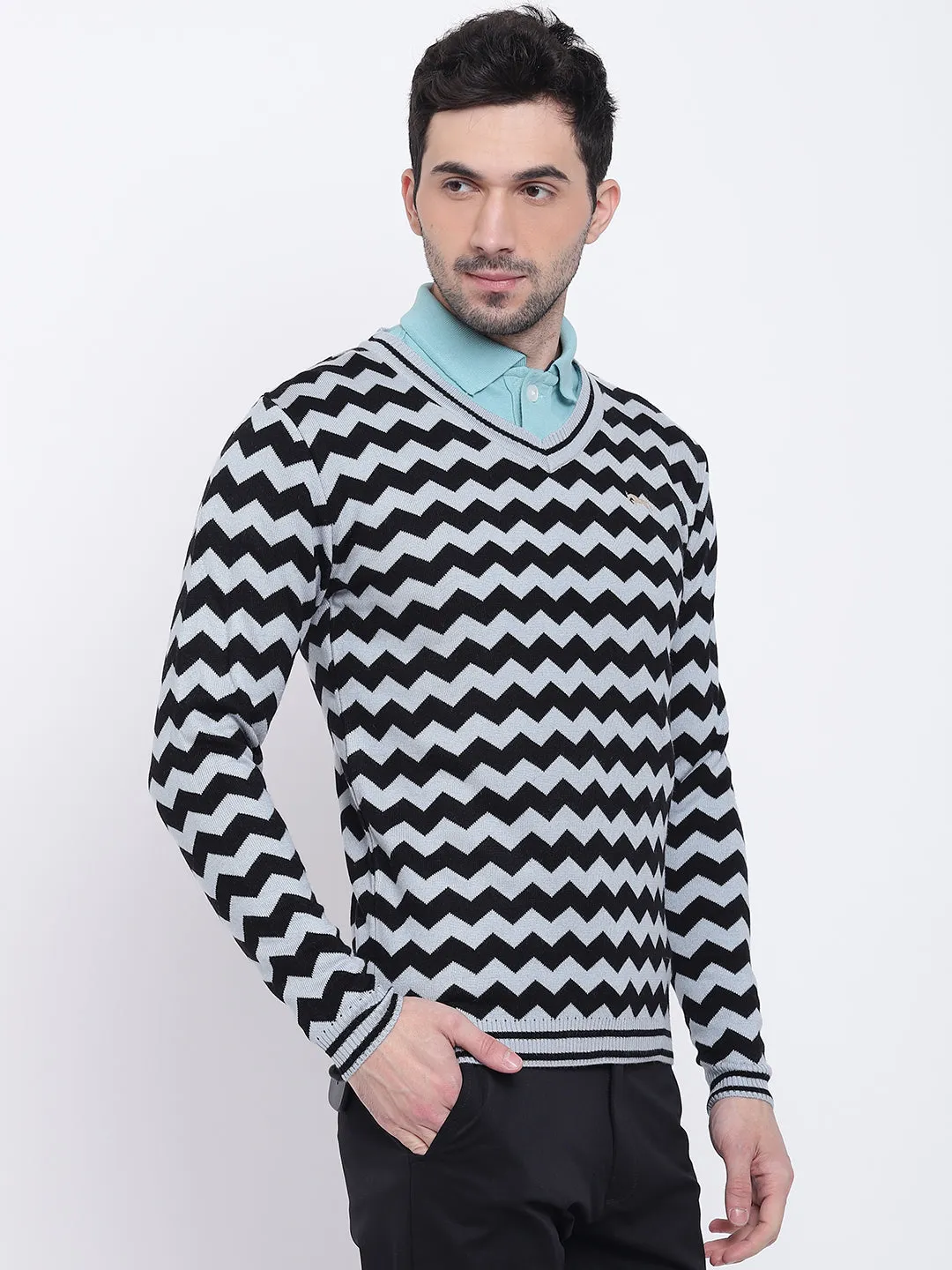 Men Casual Colourblocked Blue Sweaters