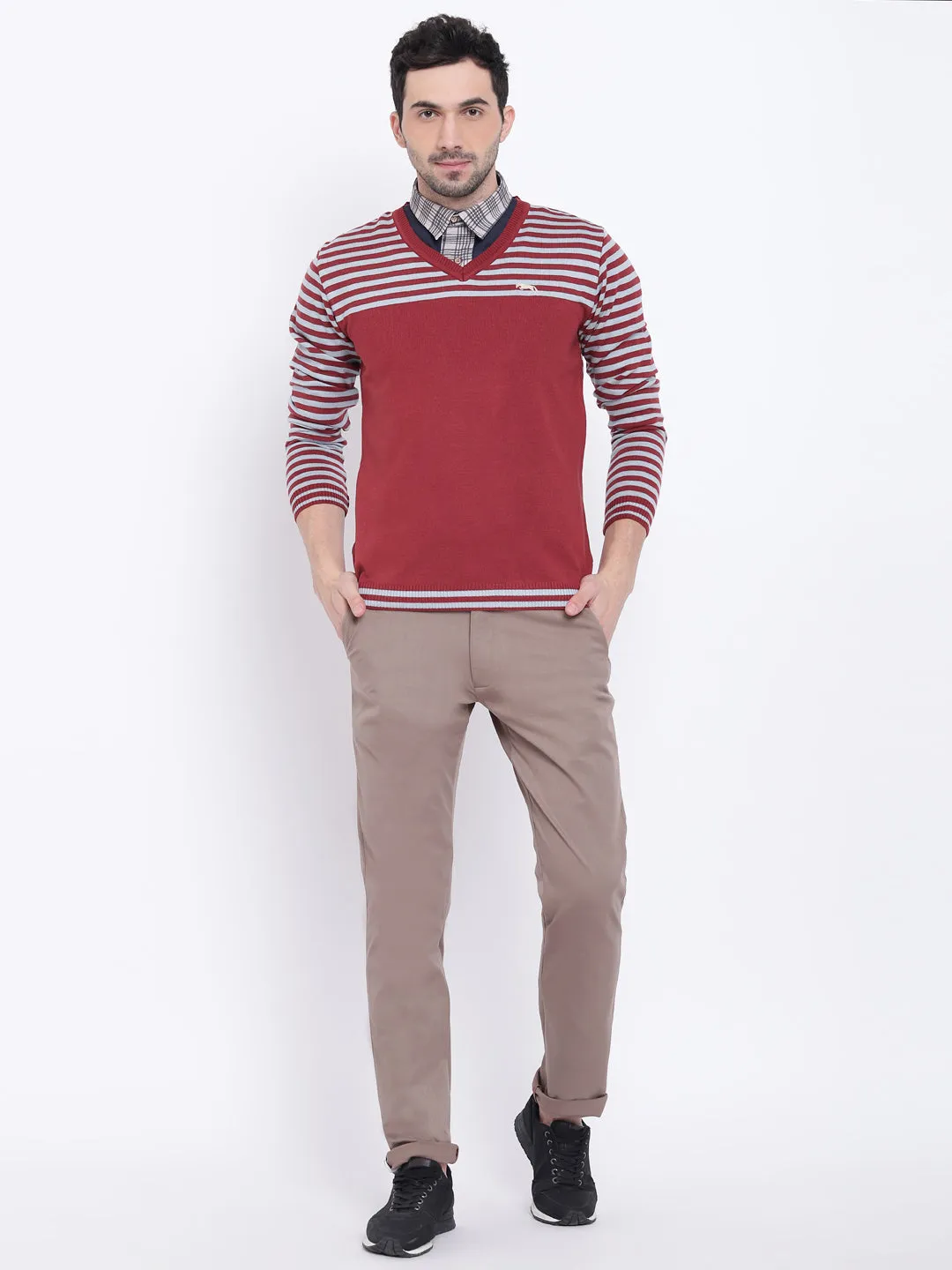 Men Casual Striped Red Sweaters