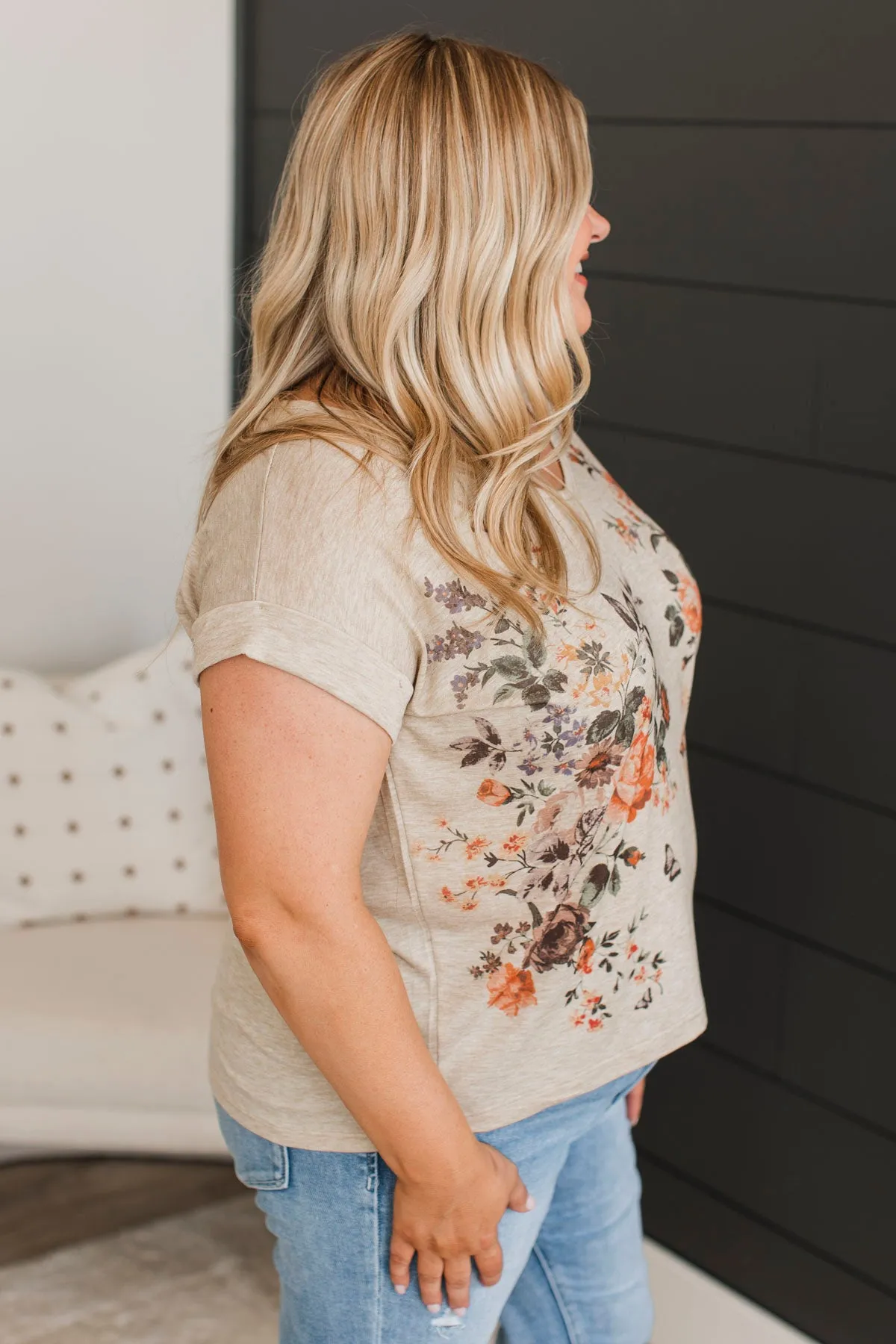 Ready For Compliments Floral Top- Oatmeal