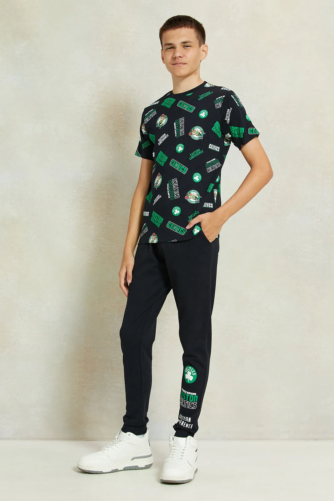 Senior Boys Black Printed Active Pants