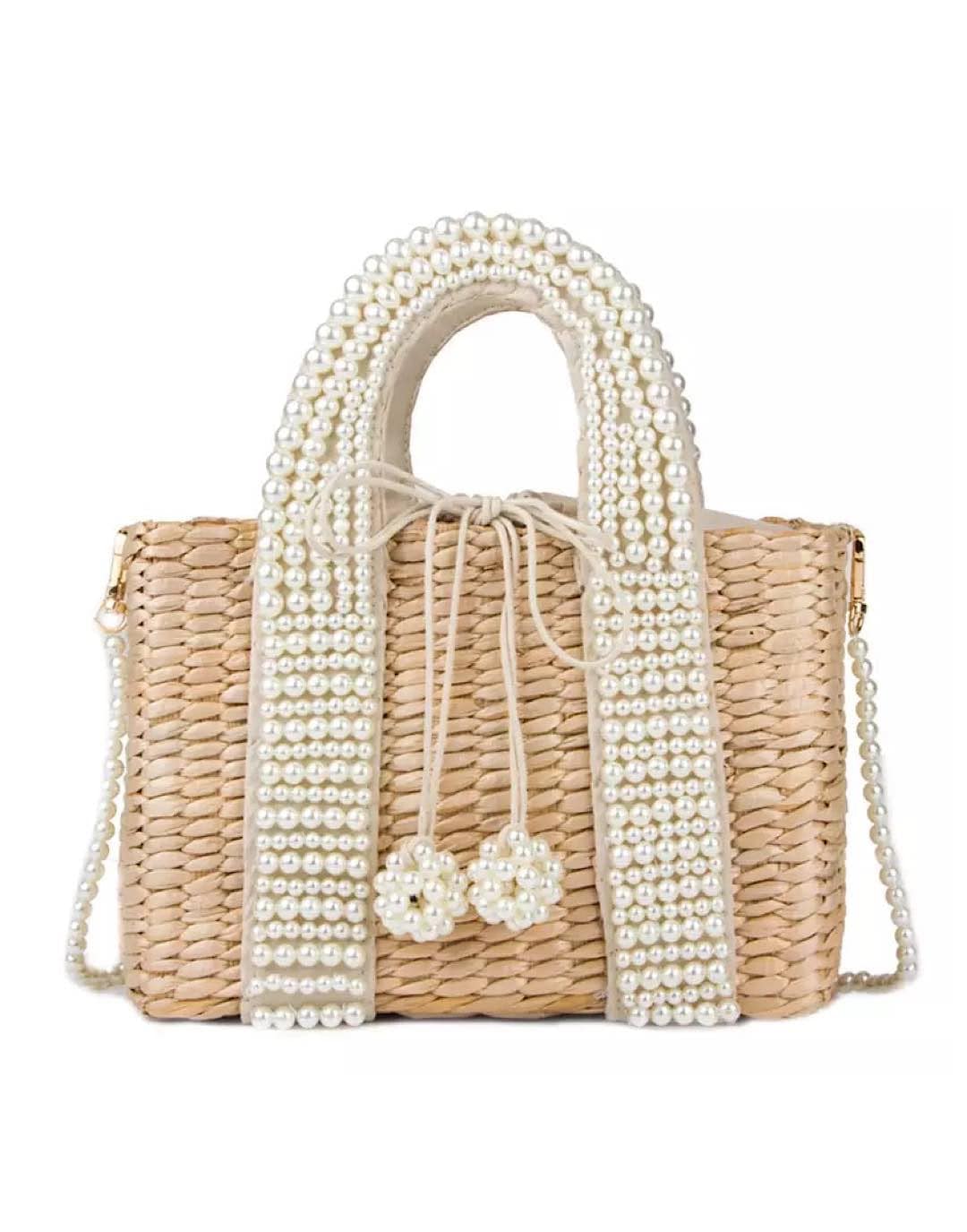 Straw Tote Bag With Beaded Straps