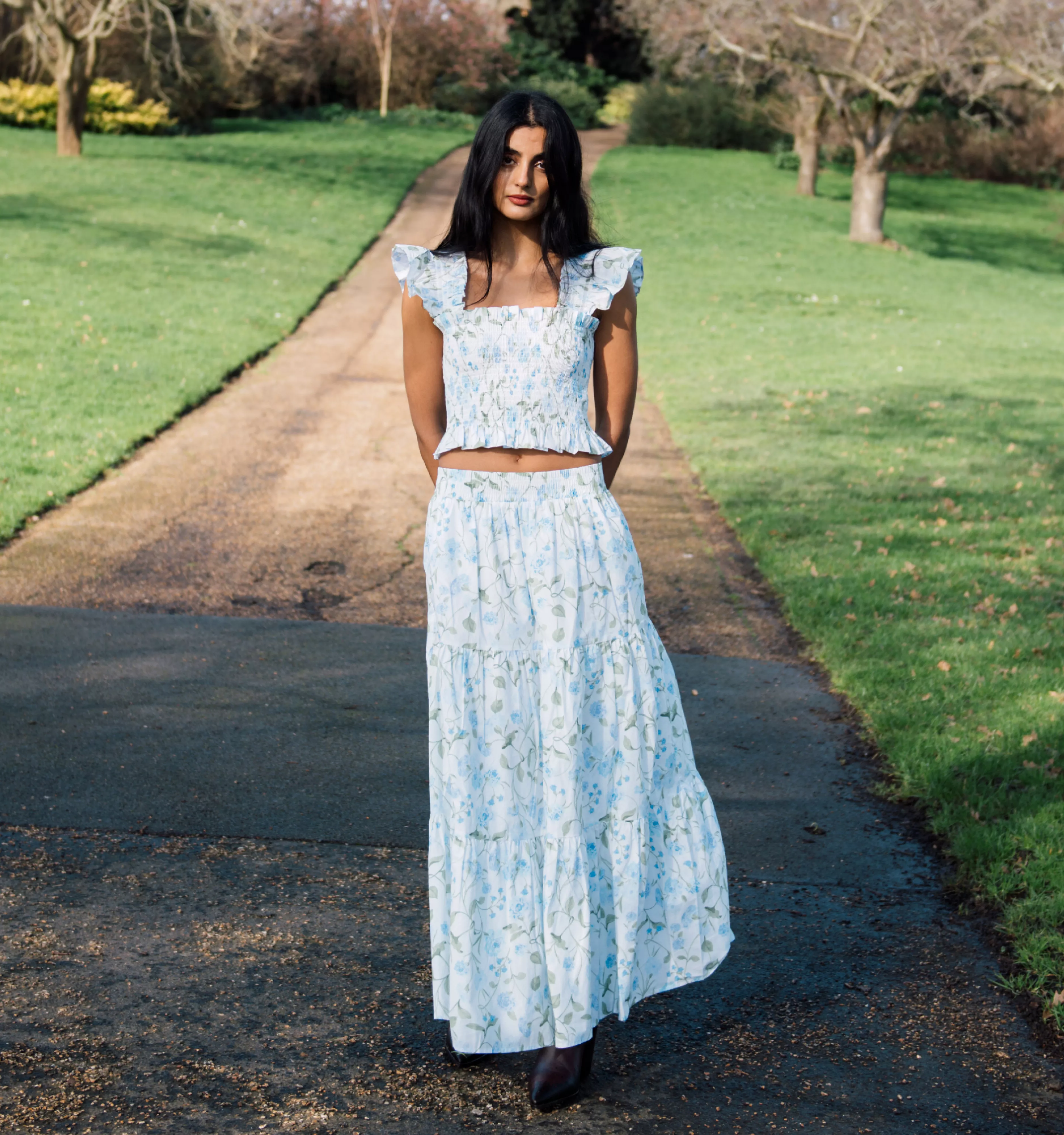 The Florence Nap Skirt - Blue Peony Bouquet Cotton