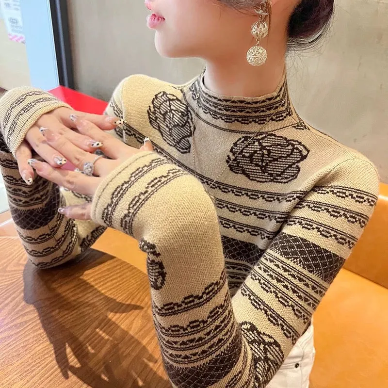 Western-style sweaters for women in autumn and winter 2024 new winter long-sleeved slim tops half-turtle collar bottoming shirts