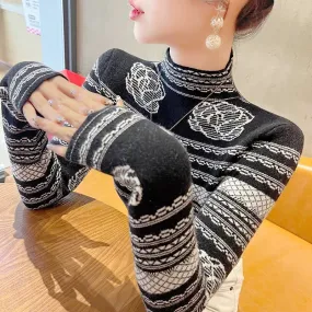 Western-style sweaters for women in autumn and winter 2024 new winter long-sleeved slim tops half-turtle collar bottoming shirts