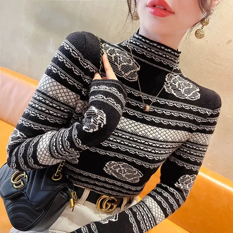 Western-style sweaters for women in autumn and winter 2024 new winter long-sleeved slim tops half-turtle collar bottoming shirts