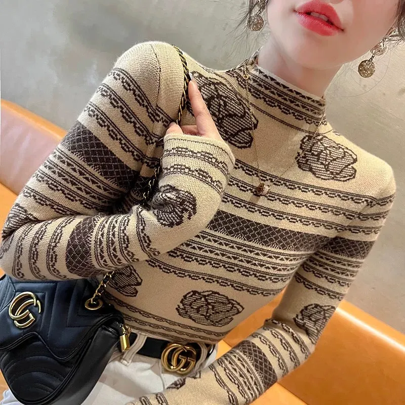 Western-style sweaters for women in autumn and winter 2024 new winter long-sleeved slim tops half-turtle collar bottoming shirts